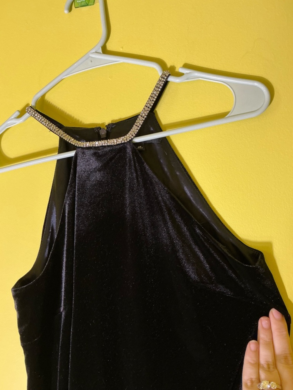 Black Velvet and Rhinestone Halter Mini Dress - Picture 5 of 7